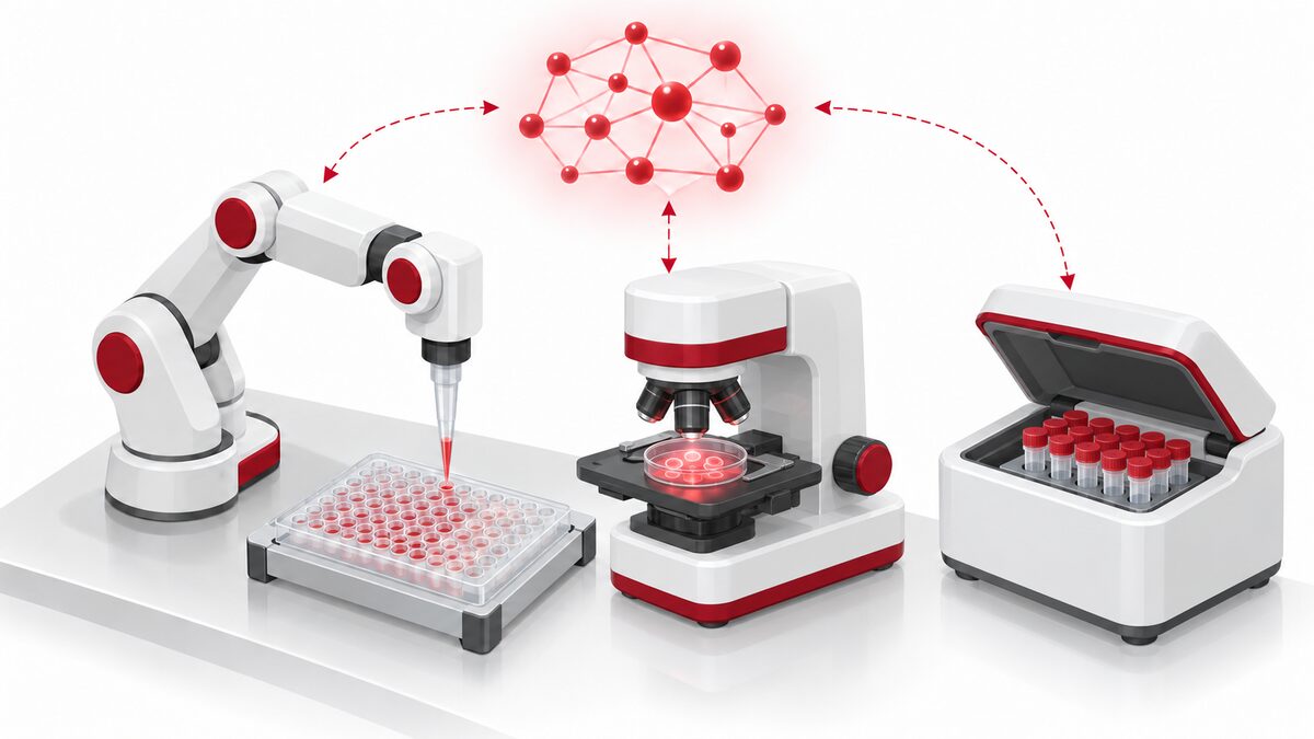 Illustration of an AI network directing a lab robot, an automated microscope imaging cells, and a sample instrument