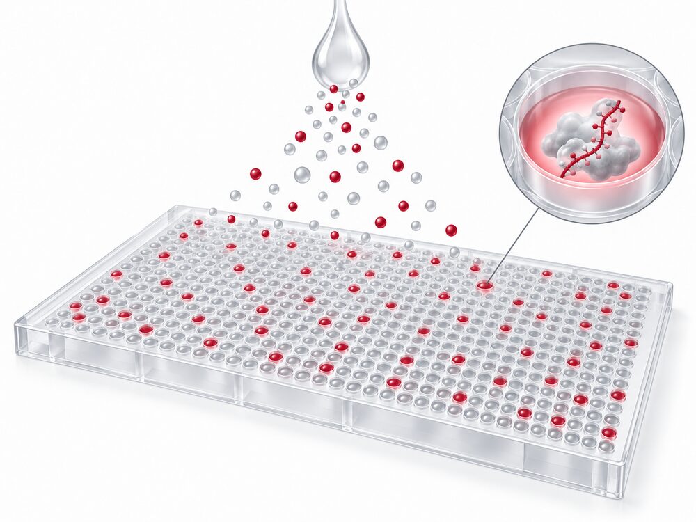 Illustration of a microwell chip where single-molecule wells glow crimson among negative wells