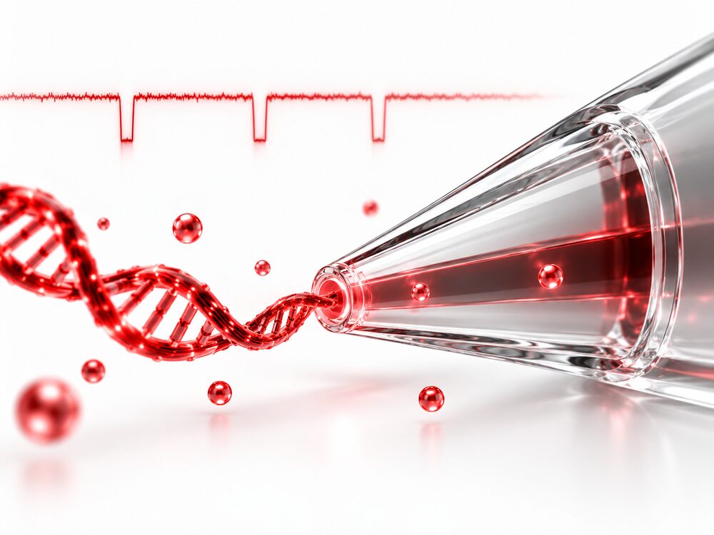 Illustration of DNA threading into the tip of a glass nanopipette, with an ionic current trace showing blockade events