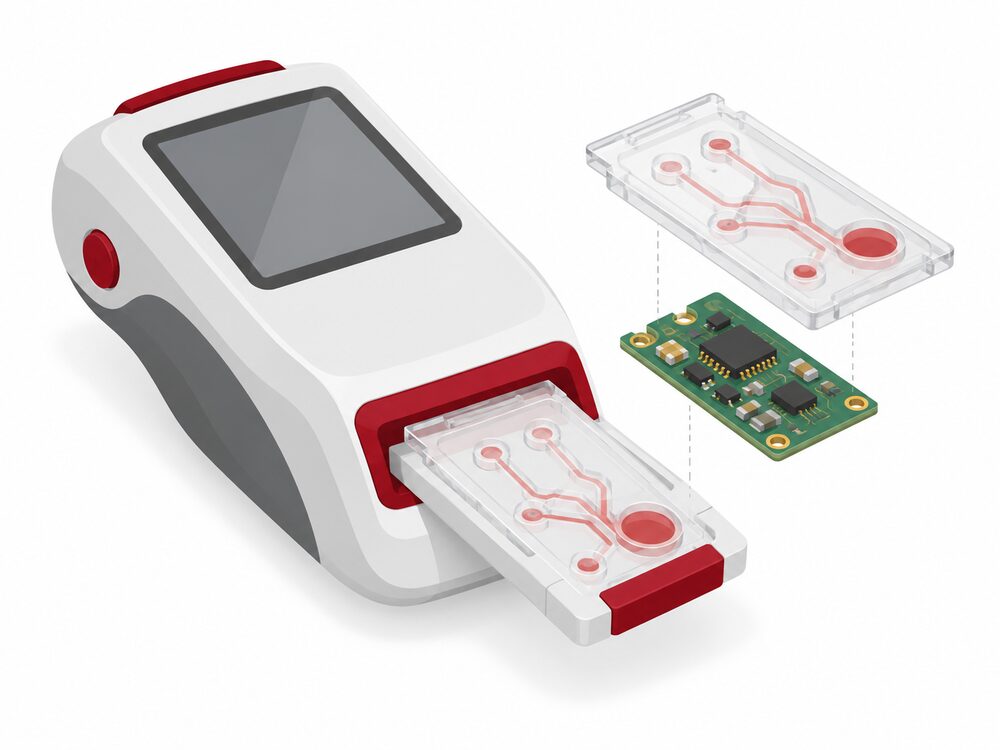 Illustration of a handheld diagnostic analyzer with a microfluidic cartridge and sensor circuit board